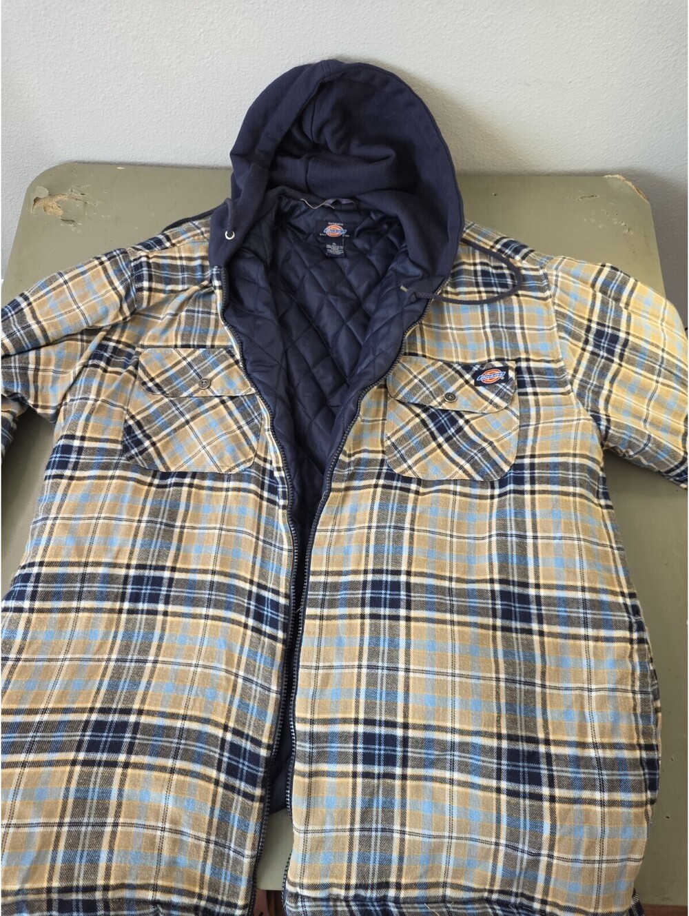 Dickies XL Quilted Hooded Flannel Jacket in Yellow and Navy Plaid